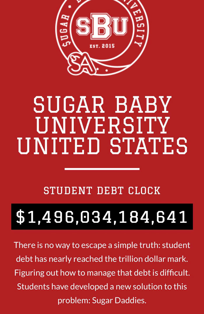 poster - Sugar Sbu Versit Est. 2015 Sugar Baby University United States Student Debt Clock $1,496,034,184,641 There is no way to escape a simple truth student debt has nearly reached the trillion dollar mark. Figuring out how to manage that debt is diffic