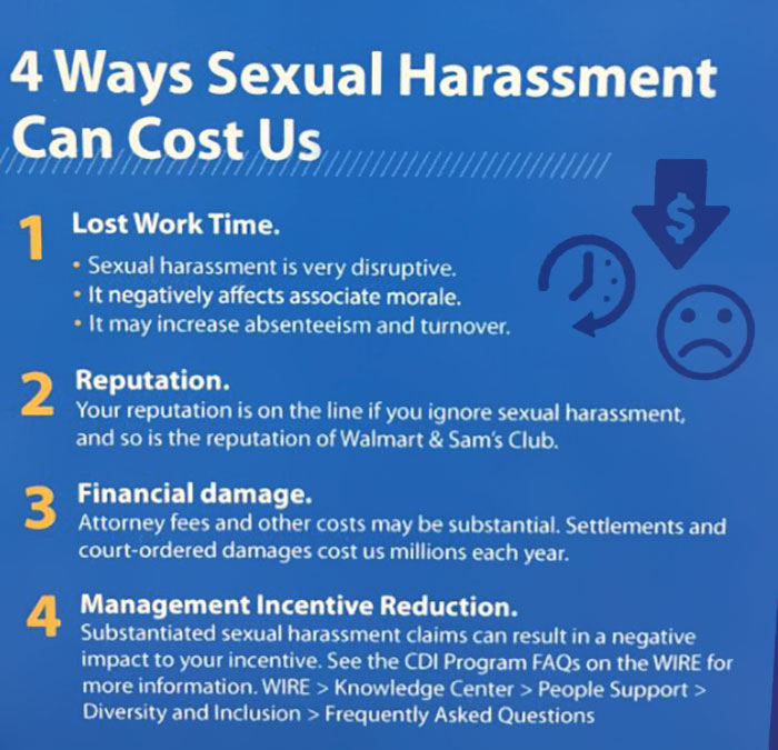 material - 4 Ways Sexual Harassment Can Cost Us Lost Work Time. Sexual harassment is very disruptive, It negatively affects associate morale. . It may increase absenteeism and turnover. Reputation. Your reputation is on the line if you ignore sexual haras