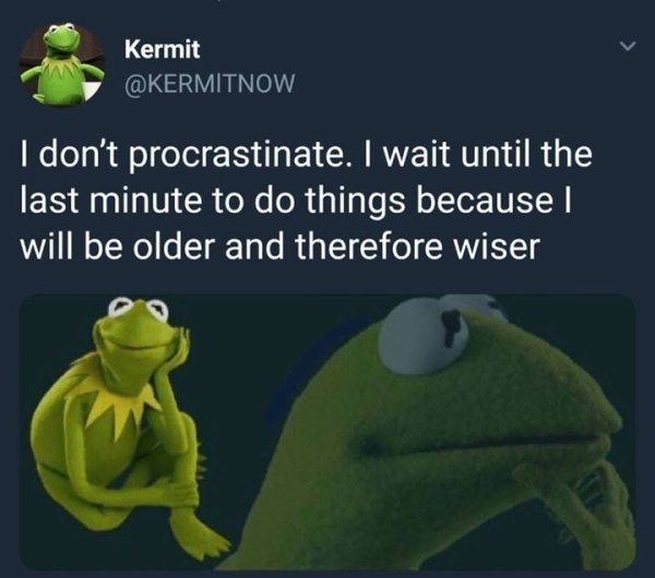 Kermit the Frog - Kermit I don't procrastinate. I wait until the last minute to do things because I will be older and therefore wiser