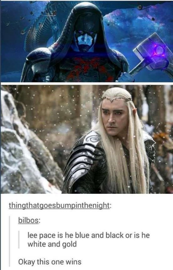 thandrial hobbit - thingthatgoesbumpinthenight bilbos lee pace is he blue and black or is he white and gold Okay this one wins