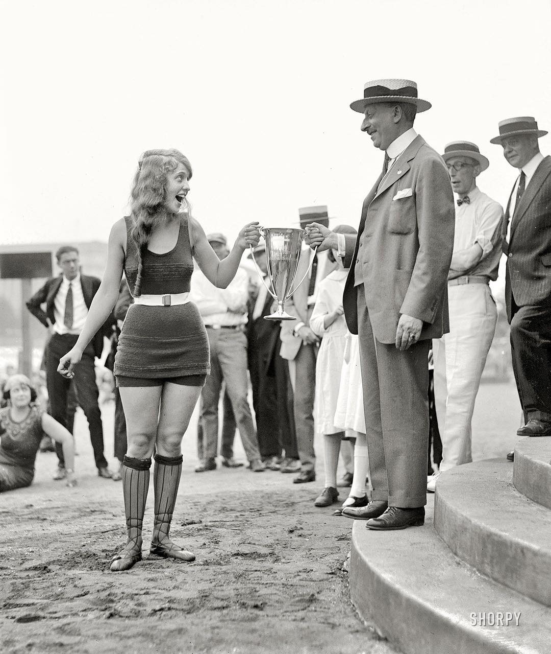 Eva Fridell receives the winners cup at the Washington Tidal Basin beauty contest 1922