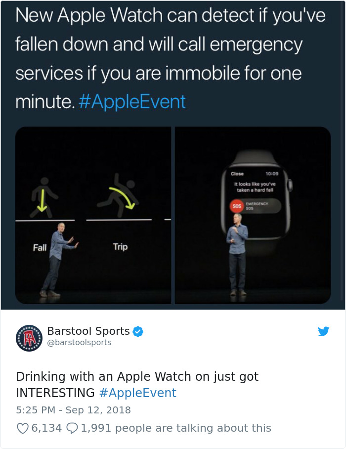 iphone xs memes - New Apple Watch can detect if you've fallen down and will call emergency services if you are immobile for one minute. Close It looks you've taken a hard fall Sos Emergency sos Fall Trip Barstool Sports Drinking with an Apple Watch on jus