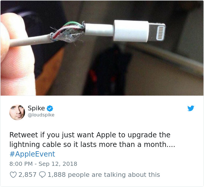 iphone 4 memes - Spike Retweet if you just want Apple to upgrade the lightning cable so it lasts more than a month.... 2,857 9 1,