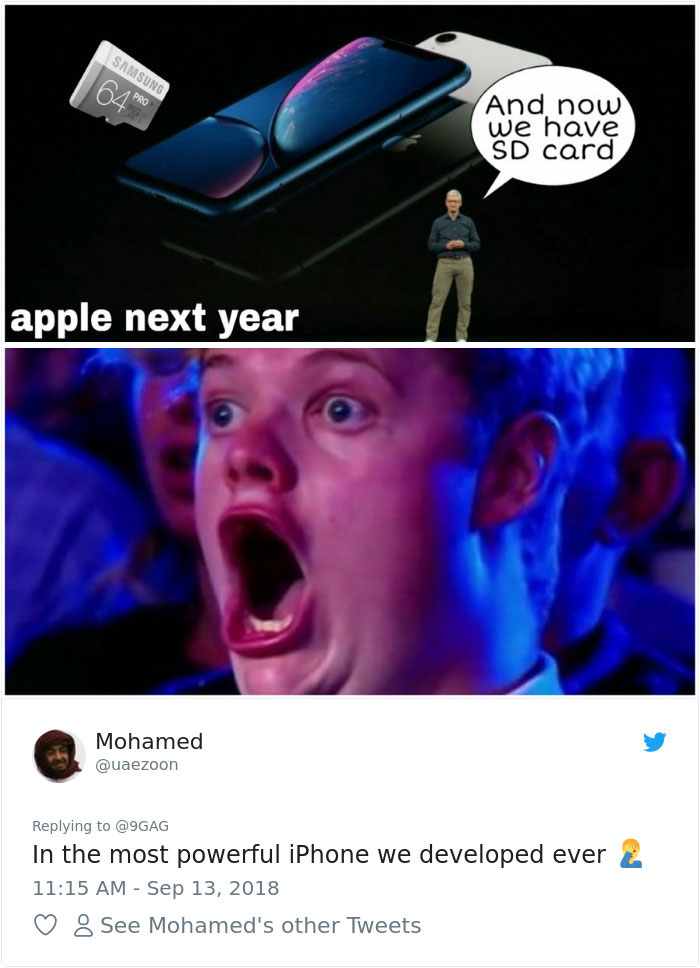 best memes for apple - Samsung n 04 Pro And now we have Sd card apple next year Mohamed In the most powerful iPhone we developed ever 2 8 See Mohamed's other Tweets