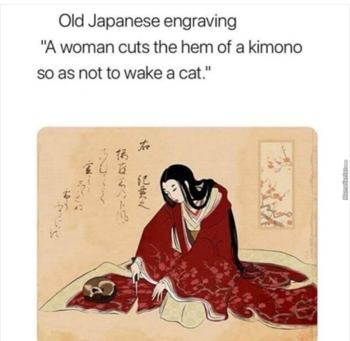 woman cuts hem of kimono cat - Old Japanese engraving "A woman cuts the hem of a kimono so as not to wake a cat."