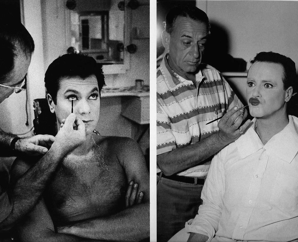 Tony Curtis and Jack Lemmon getting their makeup applied for the film Some Like It Hot (1959).