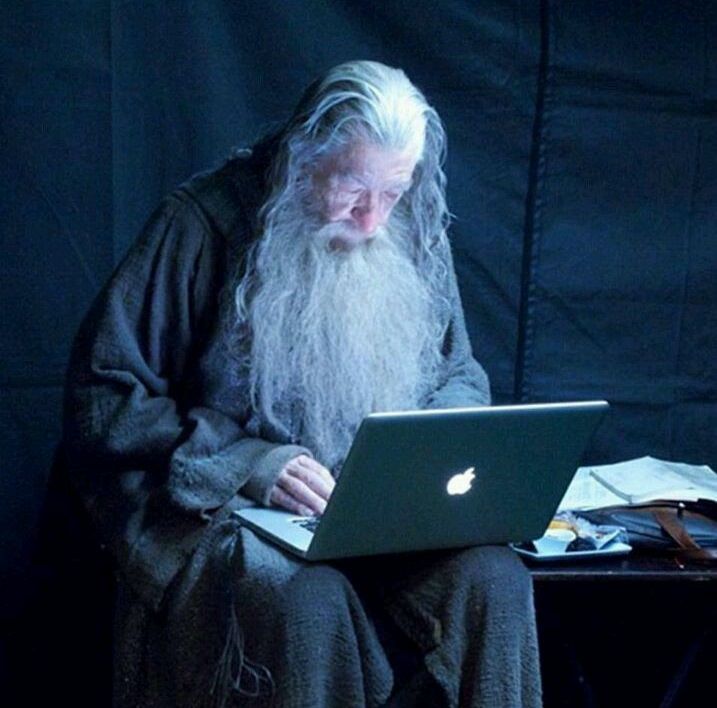 Ian McKellen takes a break still in costume after a scene in The Hobbit: An Unexpected Journey (2012).