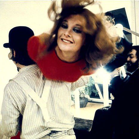 Adrienne Corri smiling prior to filming a pretty rough scene in A Clockwork Orange (1971).