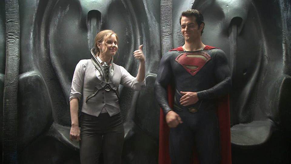 Amy Adams and Henry Cavill goofing off prior to a scene in Man of Steel (2013).