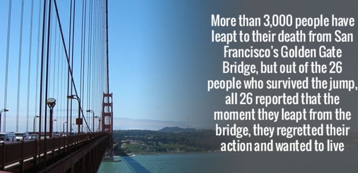 golden gate bridge - More than 3,000 people have leapt to their death from San Francisco's Golden Gate Bridge, but out of the 26 people who survived the jump, all 26 reported that the moment they leapt from the bridge, they regretted their action and want