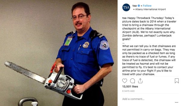 Tsa tsa . Albany International Airport tsa Happy Throwback Thursday! Today's picture dates back to 2014 when a traveler tried to bring a chainsaw through the checkpoint at the Albany International Airport Alb. We're not exactly sure why. Zombie defense,…