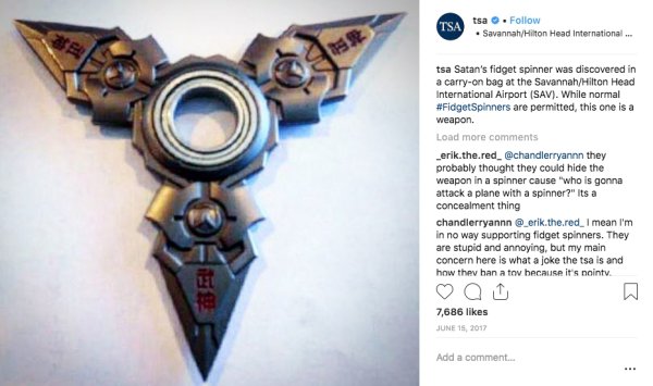 satan fidget spinner tsa - A Tsa tsa . SavannahHilton Head International tsa Satan's fidget spinner was discovered in a carryon bag at the SavannahHilton Head International Airport Sav. While normal Fidget Spinners are permitted, this one is a weapon. Loa