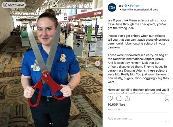 Download Tsa tsa . Nashville International Airport tsa If you think these scissors will cut your travel time through the checkpoint, you've got the wrong idea. 1 Please don't get snippy when our officers tell you that you can't pack these ginormous…