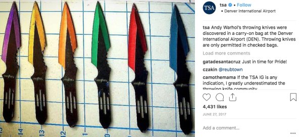 angle - Tsa tsa . . Denver International Airport 1 tsa Andy Warhol's throwing knives were discovered in a carryon bag at the Denver International Airport Den. Throwing knives are only permitted in checked bags. Load more gatadesantacruz Just in time for P