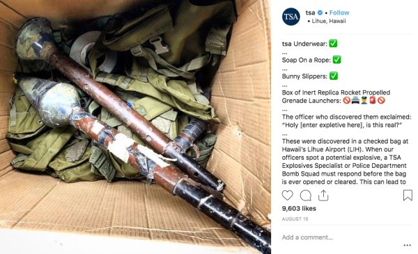 weapon - Tsa tsa . Lihue, Hawaii tsa Underwear Soap On a Rope Bunny Slippers Box of Inert Replica Rocket Propelled Grenade Launchers 0 The officer who discovered them exclaimed "Holy Center expletive here, is this real? These were discovered in a checked 