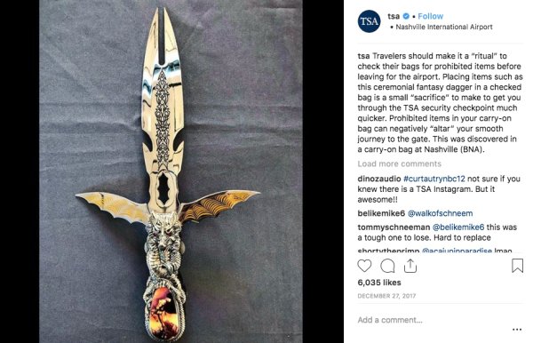 cold weapon - Tsa tsa . Nashville International Airport tsa Travelers should make it a "ritual" to check their bags for prohibited items before leaving for the airport. Placing items such as this ceremonial fantasy dagger in a checked bag is a small "sacr