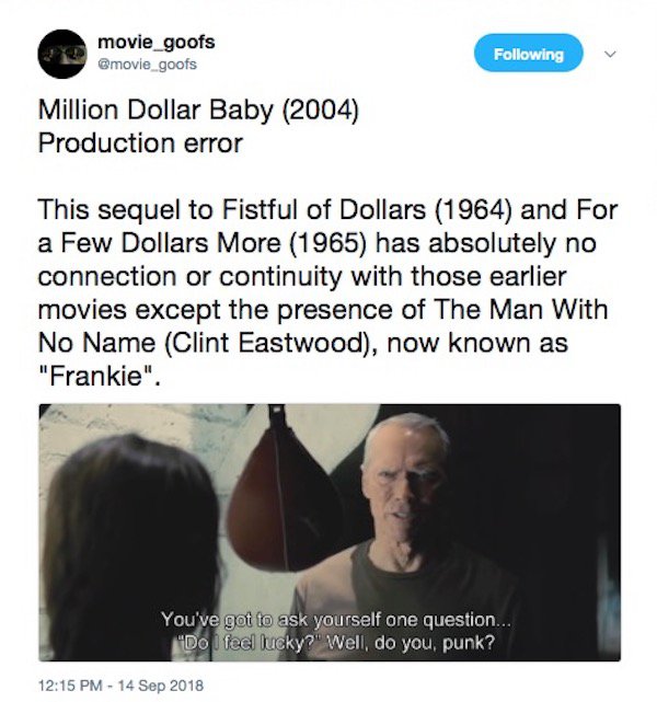 its called time management jessica - ing movie_goofs Million Dollar Baby 2004 Production error This sequel to Fistful of Dollars 1964 and For a Few Dollars More 1965 has absolutely no connection or continuity with those earlier movies except the presence 