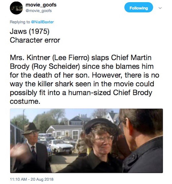 media - movie_goofs ing Jaws 1975 Character error Mrs. Kintner Lee Fierro slaps Chief Martin Brody Roy Scheider since she blames him for the death of her son. However, there is no way the killer shark seen in the movie could possibly fit into a humansized