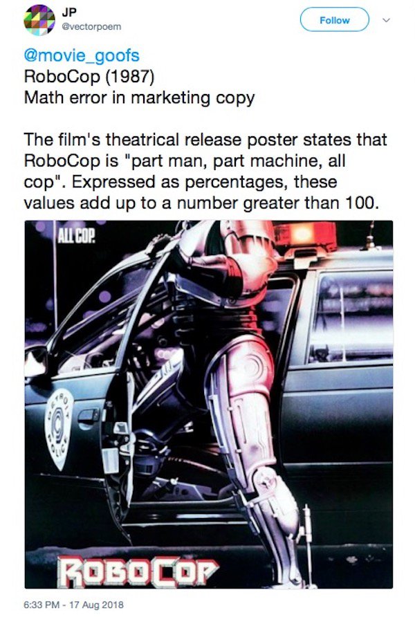 robocop poster - Jp RoboCop 1987 Math error in marketing copy The film's theatrical release poster states that RoboCop is "part man, part machine, all cop". Expressed as percentages, these values add up to a number greater than 100. All Cop Robocop