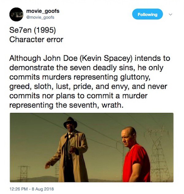 human behavior - movie_goofs ing Se7en 1995 Character error Although John Doe Kevin Spacey intends to demonstrate the seven deadly sins, he only commits murders representing gluttony, greed, sloth, lust, pride, and envy, and never commits nor plans to com