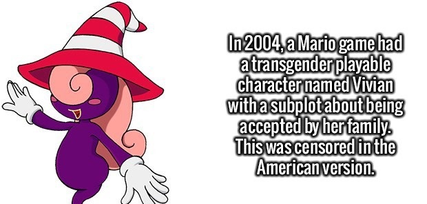 In 2004. a Mario game had a transgender playable character named Vivian with a subplot about being accepted by her family This was censored in the American version
