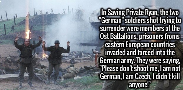 saving private ryan czech soldiers - In Saving Private Ryan, the two "German" soldiers shot trying to surrender were members of the Ost Battalions, prisoners froms eastern European countries invaded and forced into the German army. They were saying, "Plea