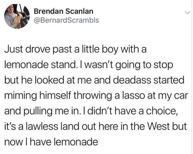 trust quotes - Brendan Scanlan Just drove past a little boy with a lemonade stand. I wasn't going to stop but he looked at me and deadass started miming himself throwing a lasso at my car and pulling me in. I didn't have a choice, it's a lawless land out 