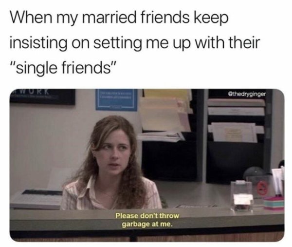 memes - single memes - When my married friends keep insisting on setting me up with their "single friends" Please don't throw garbage at me.