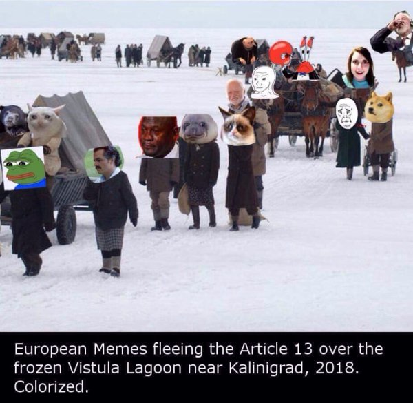 memes leaving europe - European Memes fleeing the Article 13 over the frozen Vistula Lagoon near Kalinigrad, 2018. Colorized.