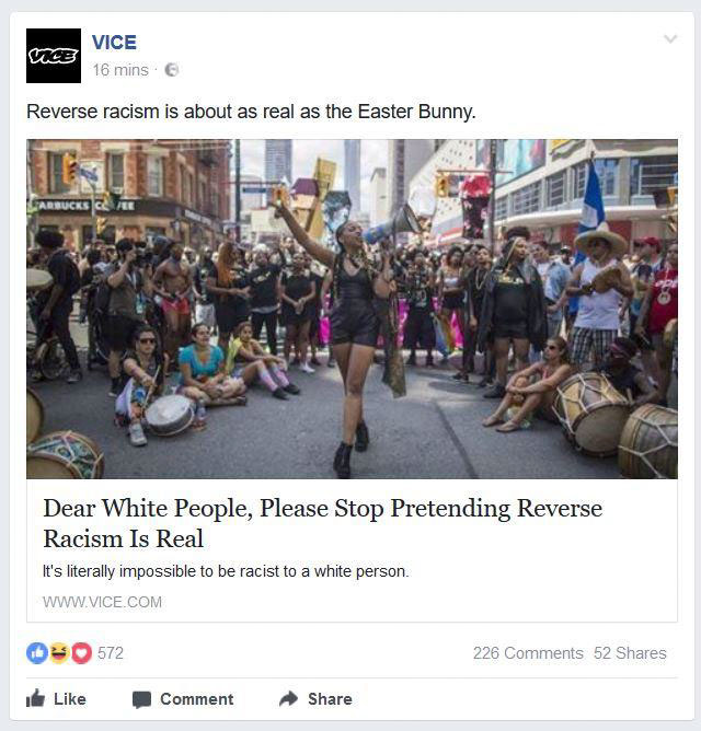 vice article claiming that white people can't experience racism, in a blatantly racist headline against white people
