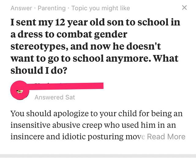 crazy parent sent son to school in dress to combat gender-stereotypes and now he doesn't want to go to school anymore