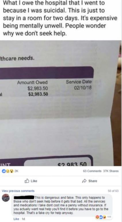 media - What I owe the hospital that I went to because I was suicidal. This is just to stay in a room for two days. It's expensive being mentally unwell. People wonder why we don't seek help. Ithcare needs. Amountt Owed $2,983.50 $2,983.50 Service Date 02