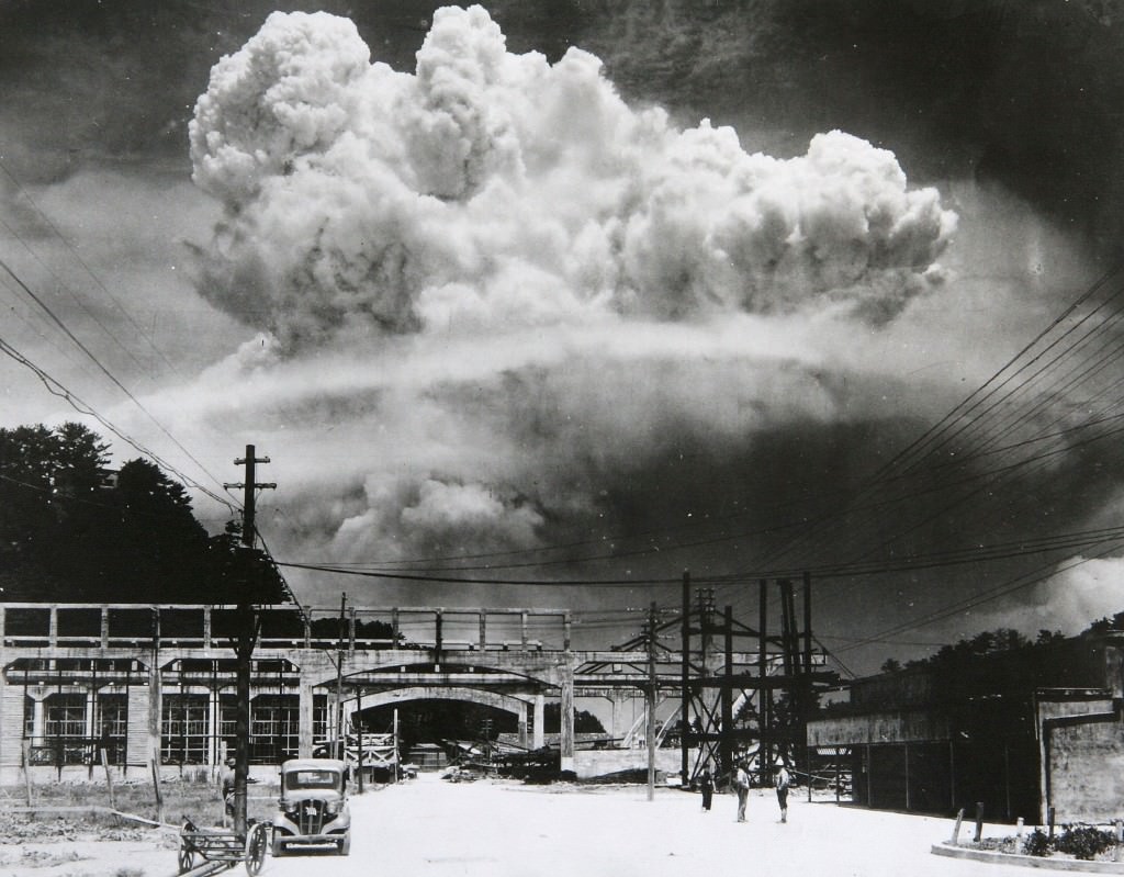 The mushroom cloud from the "Fat Man" atomic bomb dropped over Nagasaki on 9th August 1945, taken at ground level. The blast killed 35,000-40,000 instantly, and eventually a total of 60,000-80,000 fatalities will occur, mostly from the long-term health effects such as cancer and leukemia.