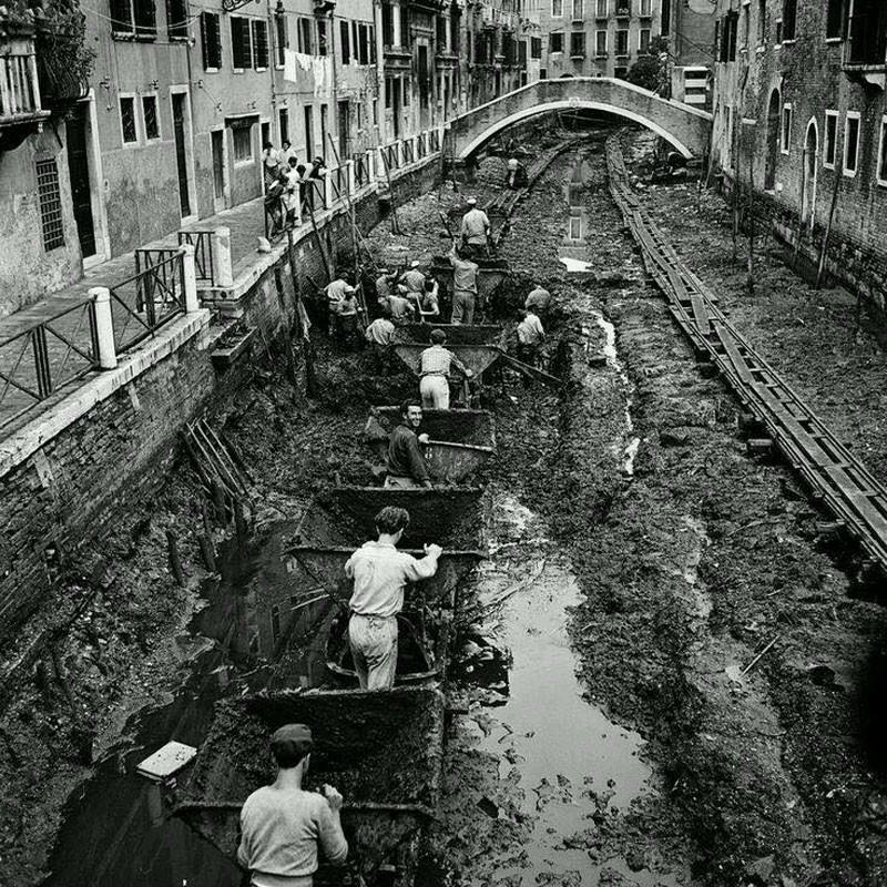 The famous canals in Venice being drained and cleaned, 1956.