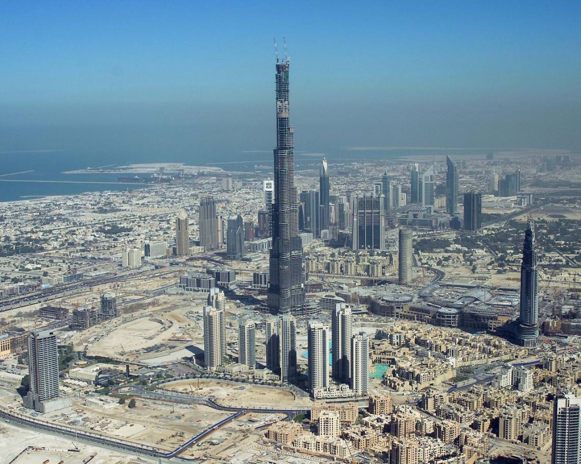 The Burj Khalifa under construction in Dubai, United Arab Emirates. The skyscraper would later become the tallest structure ever built on the planet, at 828m.