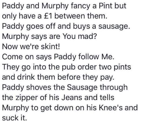 Irish pals have a plan to score free drinks with a sausage