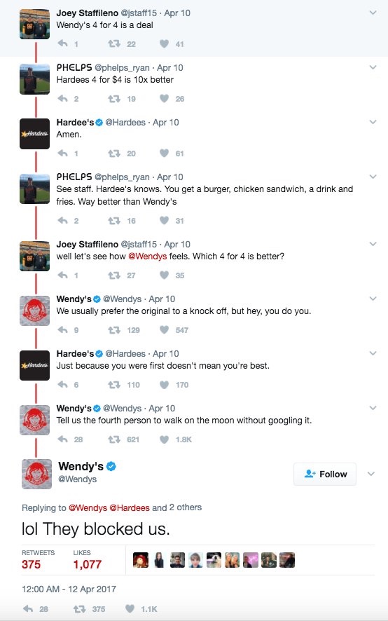 wendy's vs hardees - Joey Staffileno . Apr 10 Wendy's 4 for 4 is a deal h 1 7 22 41 Phelps Apr 10 Hardees 4 for $4 is 10x better h2 t 1926 Hardee's Amen. Apr 10 Horde 1 20 61 Phelps . Apr 10 See staff. Hardee's knows. You get a burger, chicken sandwich, a