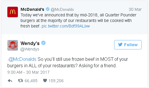wendys savage twitter - McDonald's 30 Mar Today we've announced that by mid2018, all Quarter Pounder burgers at the majority of our restaurants will be cooked with fresh beef. pic.twitter.comBdf99ALIXW Wendy's y So you'll still use frozen beef in Most of 