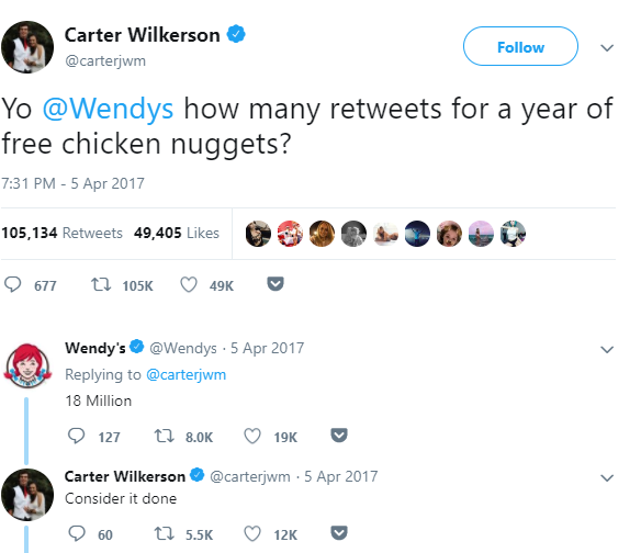 wendy's company - Carter Wilkerson v Yo how many for a year of free chicken nuggets? 105,134 49,405 9 677 49K Wendy's . 18 Million 127 19K Carter Wilkerson . Consider it done 9 60 2 12K