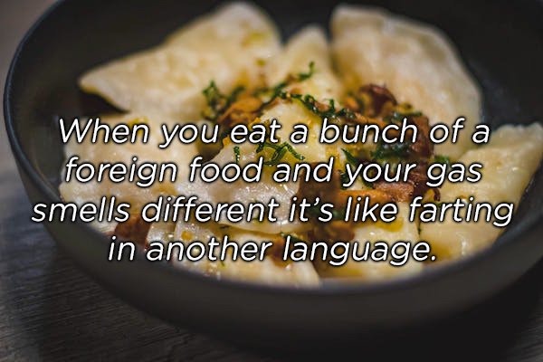 dish - When you eat a bunch of a foreign food and your gas smells different it's farting in another language.