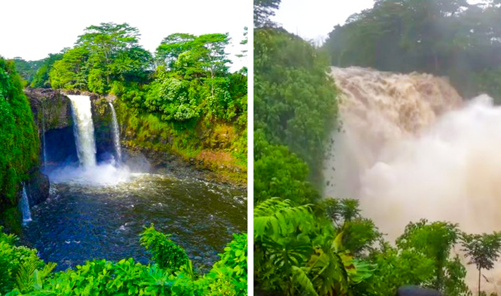 Rainbow Falls (Big Island, HI) normal vs hurricane floodwaters