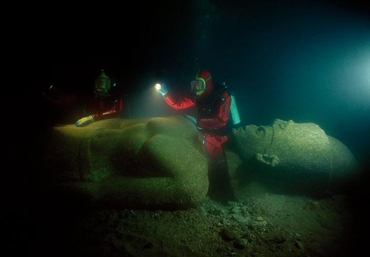 The sunken statue of a Pharaoh found near the submerged city of Heracleion, it measures at 5.4 meters.