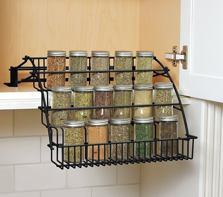 A spice rack that can be easily pulled down when needed