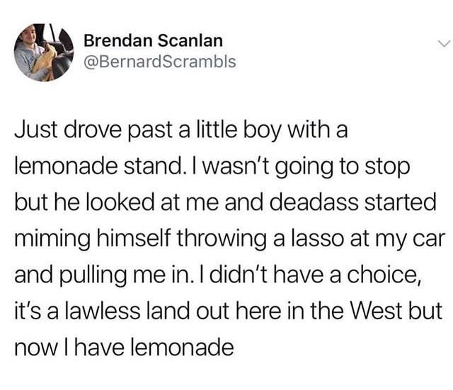 heartwarming 1 peter 3 3 4 - Brendan Scanlan Scrambls Just drove past a little boy with a lemonade stand. I wasn't going to stop but he looked at me and deadass started miming himself throwing a lasso at my car and pulling me in. I didn't have a choice, i