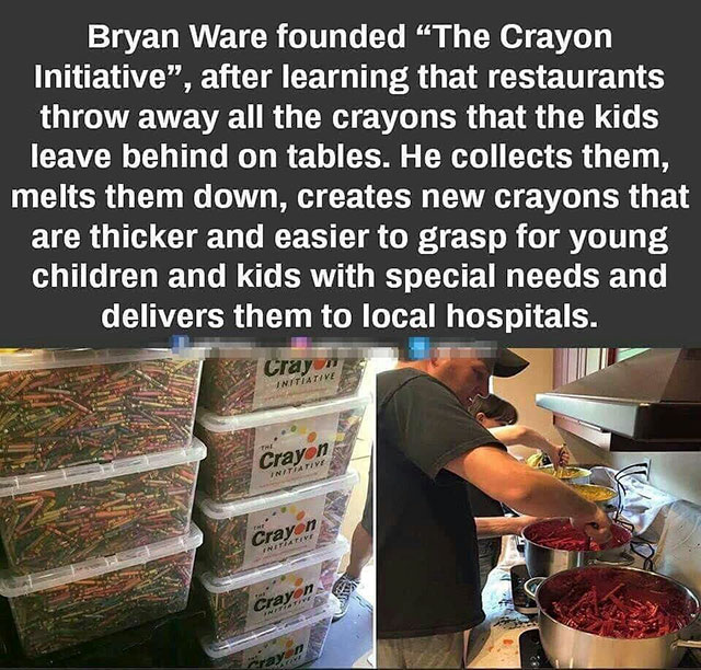 heartwarming crayons and marines - Bryan Ware founded The Crayon Initiative, after learning that restaurants throw away all the crayons that the kids leave behind on tables. He collects them, melts them down, creates new crayons that are thicker and easie