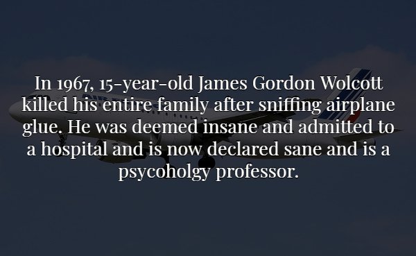 sky - In 1967, 15yearold James Gordon Wolcott killed his entire family after sniffing airplane glue. He was deemed insane and admitted to a hospital and is now declared sane and is a psycoholgy professor.