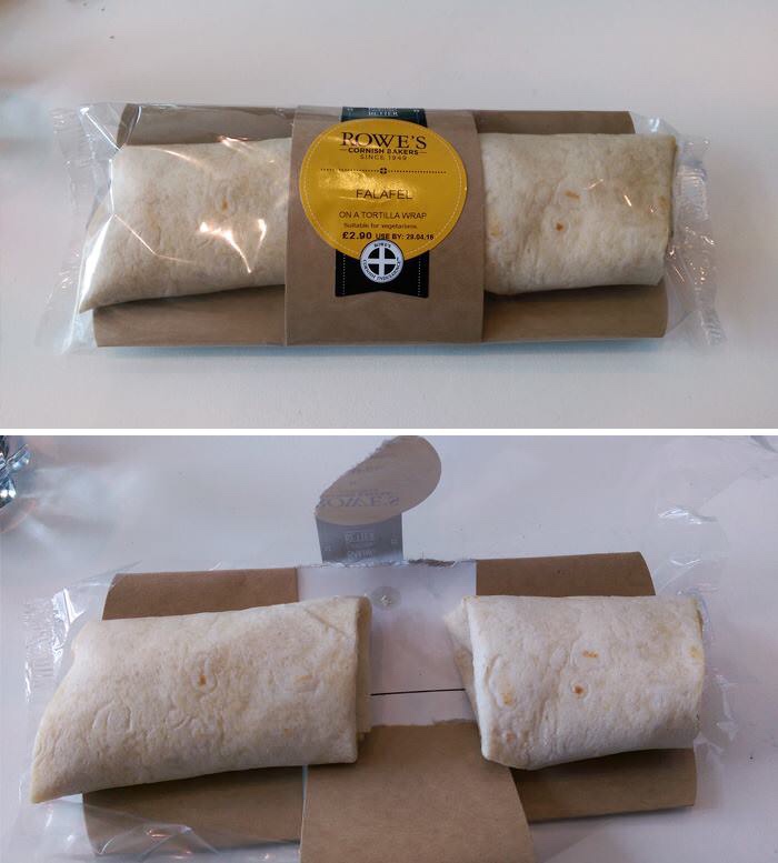 confusing packaging - Rowe'S Falafel On A Tortilla Wrap f2.00 Use By 29.04.16