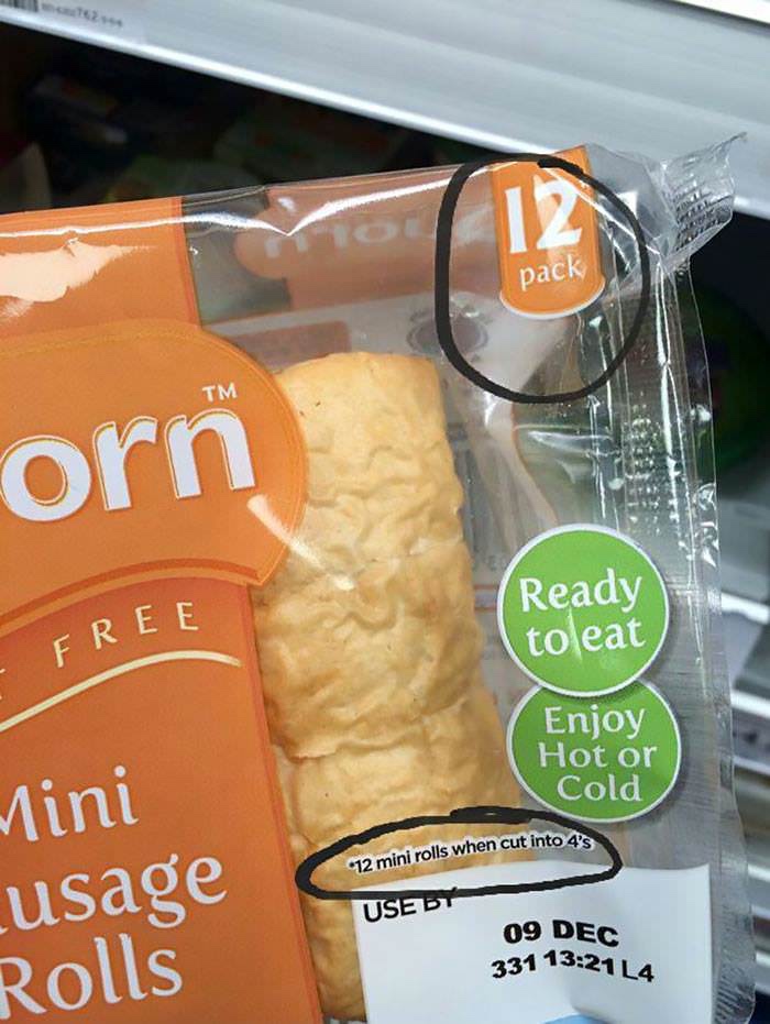 deceptive packaging - pack Tm orn Ready to eat Free Enjoy Hot or Cold "12 mini rolls when cut into 4's nini usage Rolls Useb 09 Dec 331 14