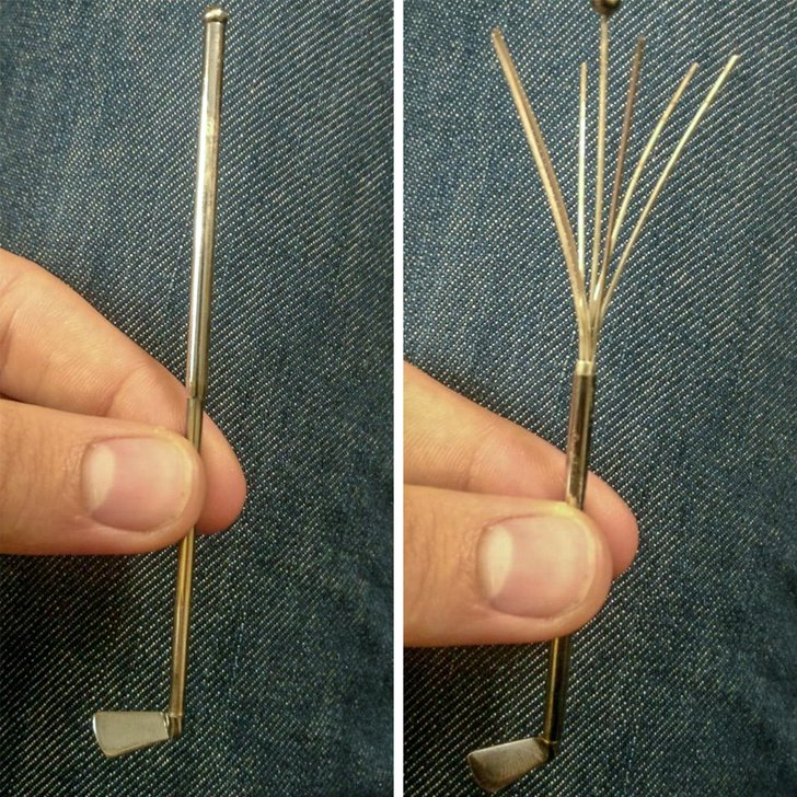 Reusable cocktail pick. This mini golf club served as a reusable pick. The tentacles at the end of the stick were used to pull an olive or cherry out of drink instead of your fingers.