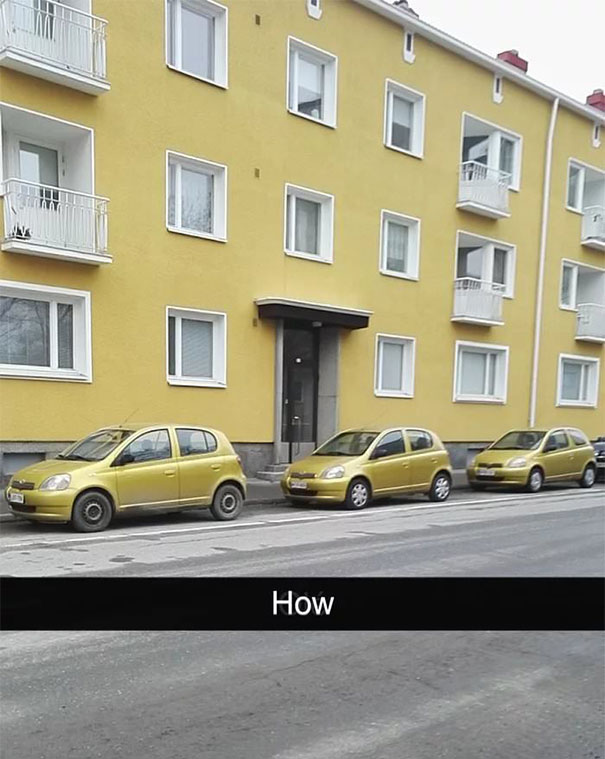 Three Cars Of The Same Make, Model, And Ugly Color Parked In Front Of A Building With The Same Ugly Color